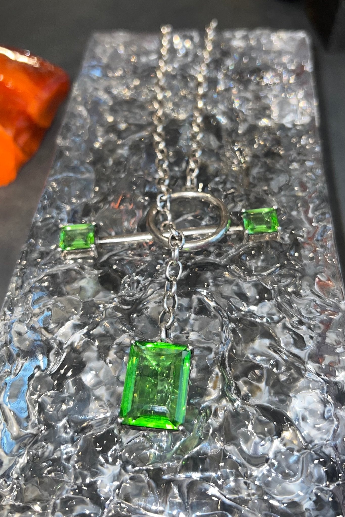 Gem Drop Toggle Necklace in Green Envy — long oxidized silver chain with front toggle closure and a faceted green glass drop — view 4