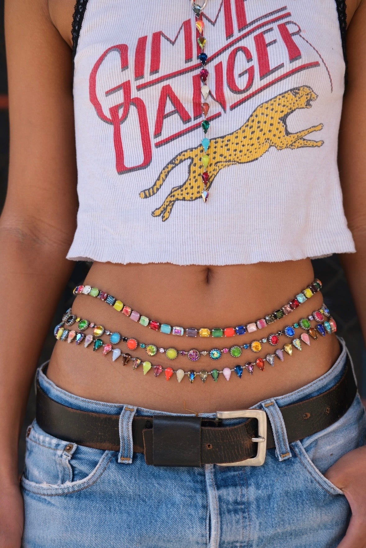 An oxidized silver waist chain strung with prismatic neon, opal and jewel-toned vintage glass stones — additional product view 5.