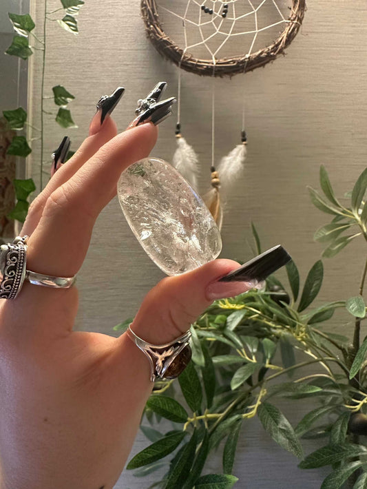 Large polished Clear Quartz tumbled stone, front view