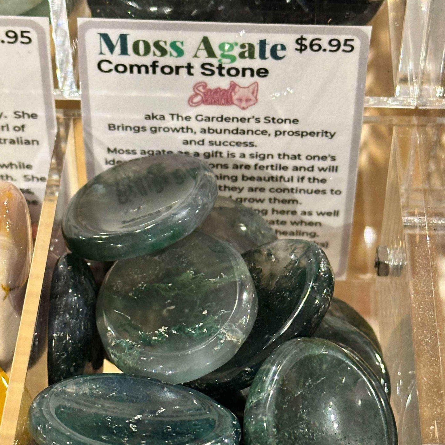 Moss agate comfort stone with green dendritic inclusions in translucent stone, alternate view