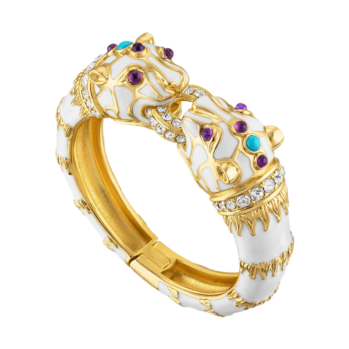 The white enamel panther cuff on a plain background, gold openwork laid over white enamel with purple and turquoise-blue cabochons.