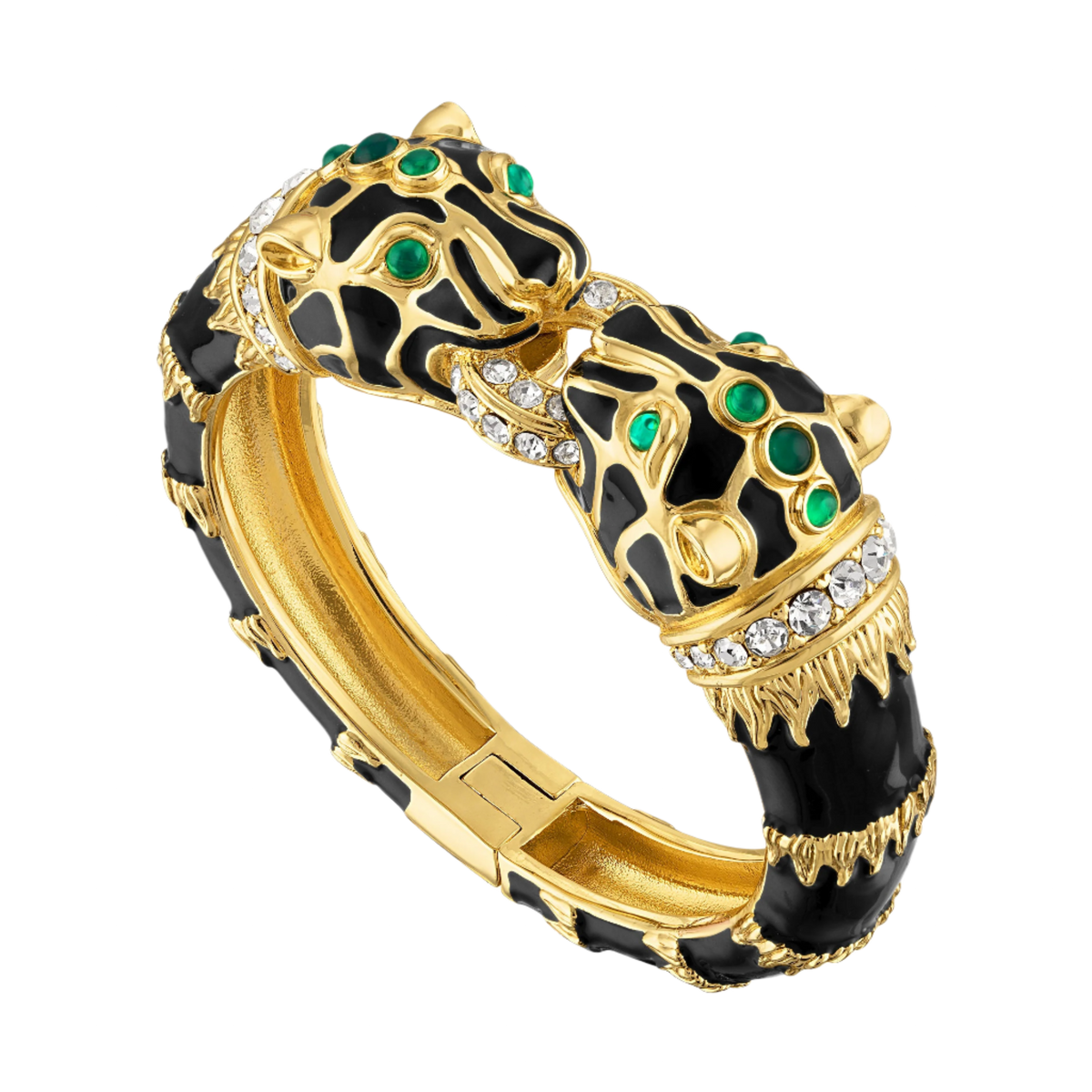The black panther cuff on a plain background, black enamel with gold striping, green cabochons and clear pavé collars.