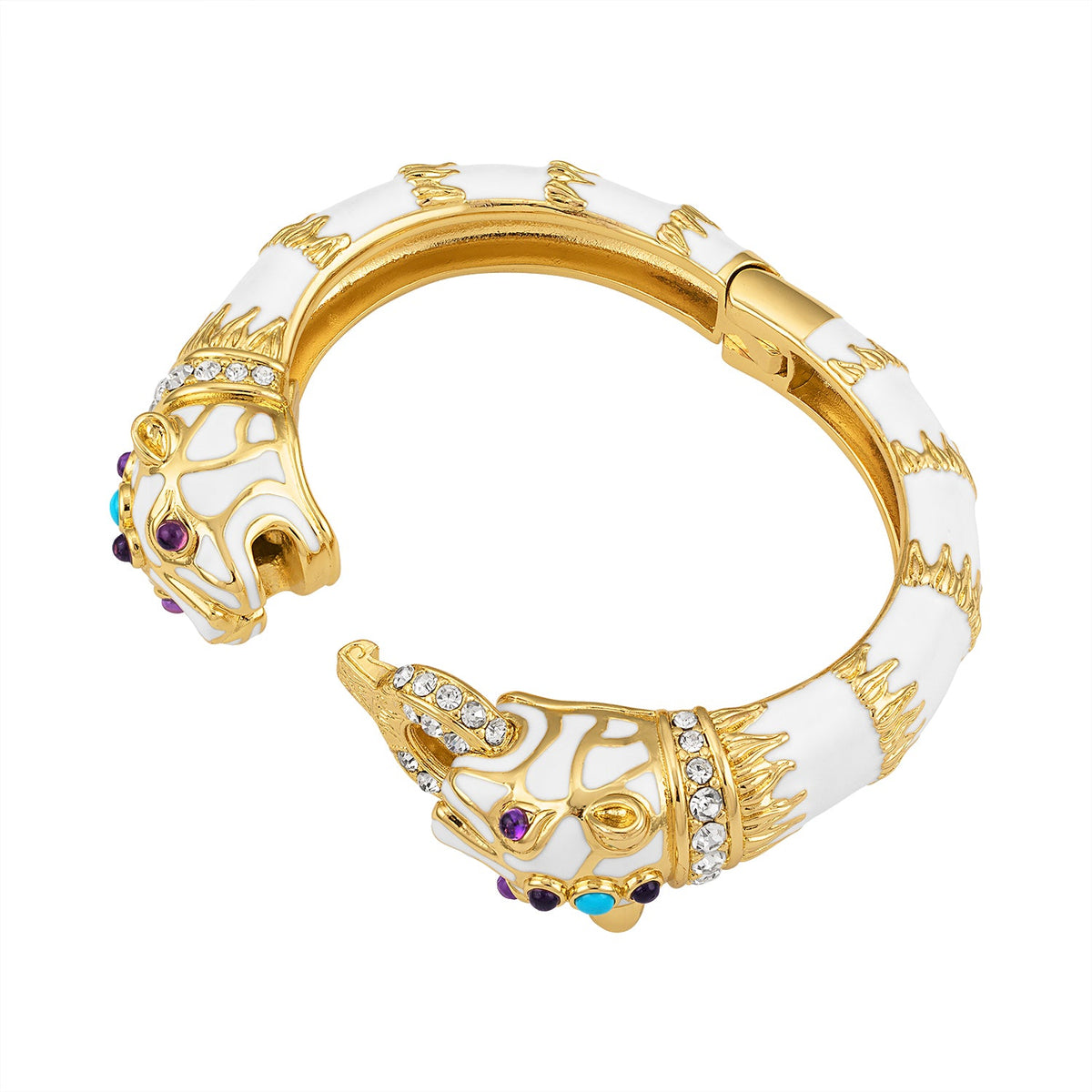 The cuff seen from the side with the shank open, showing the hinge and the gold clasp.