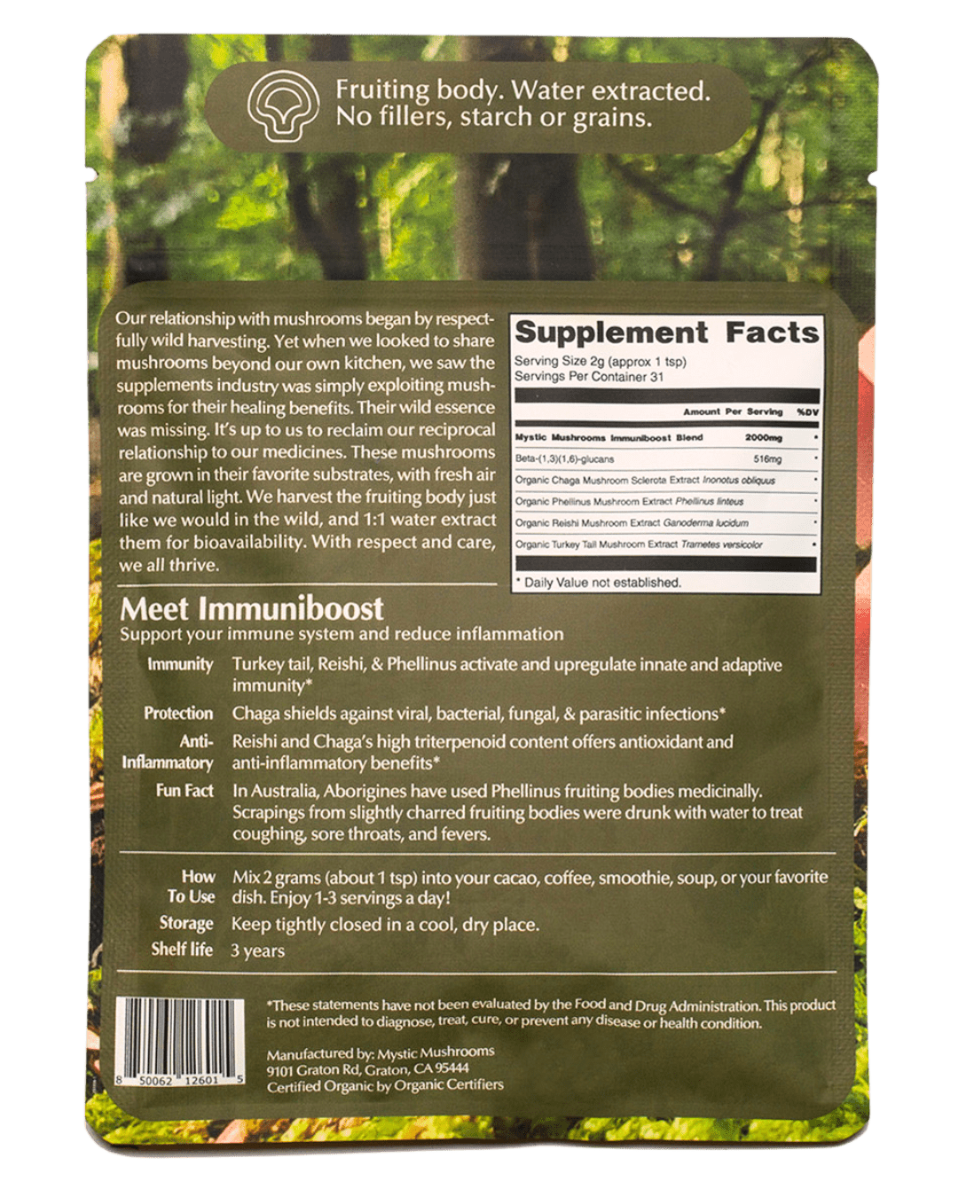 Ora Cacao ImmuniBoost mushroom extract pouch shown in a warm, softly lit styled scene.