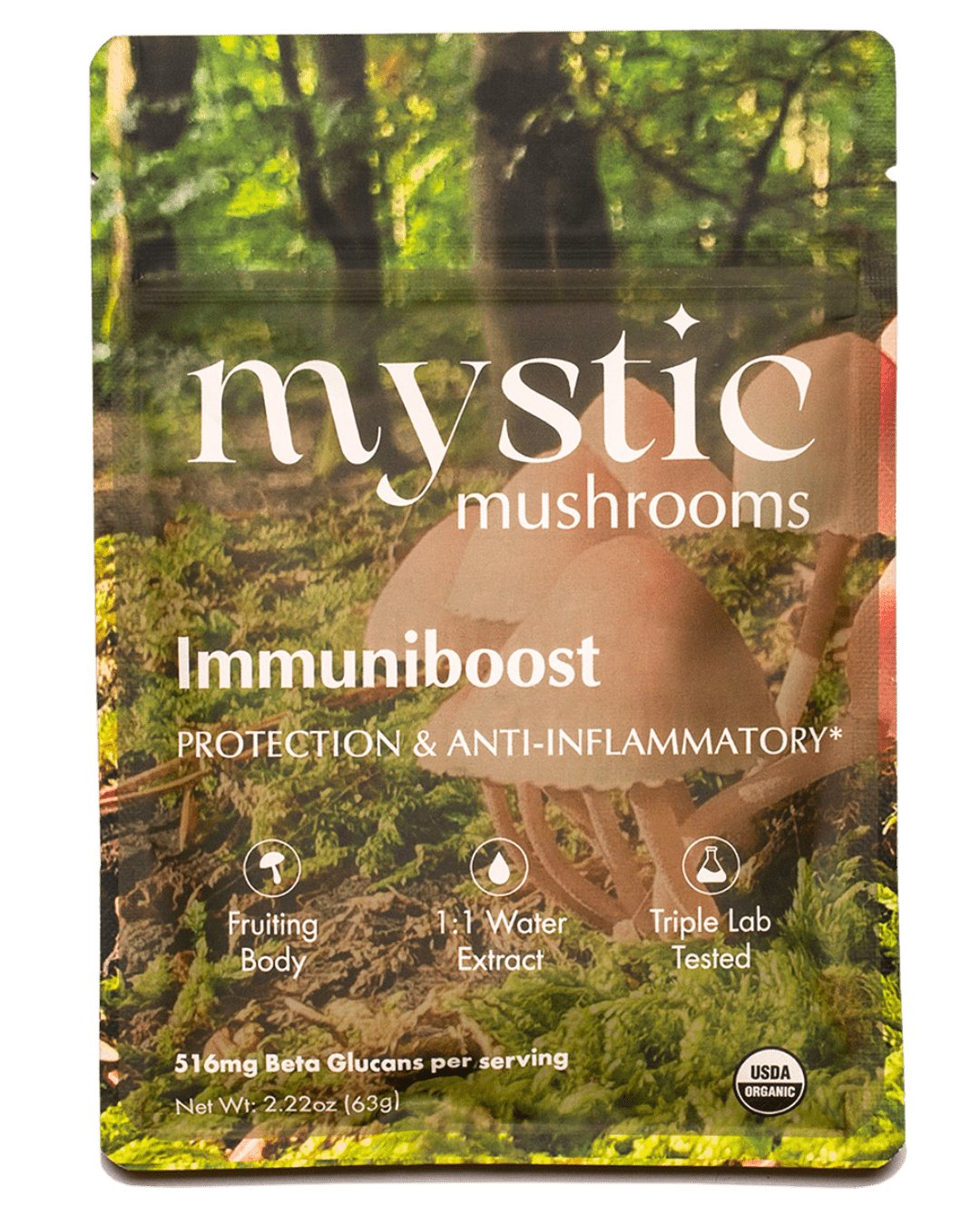 Ora Cacao ImmuniBoost mushroom extract pouch shown on a plain neutral background.