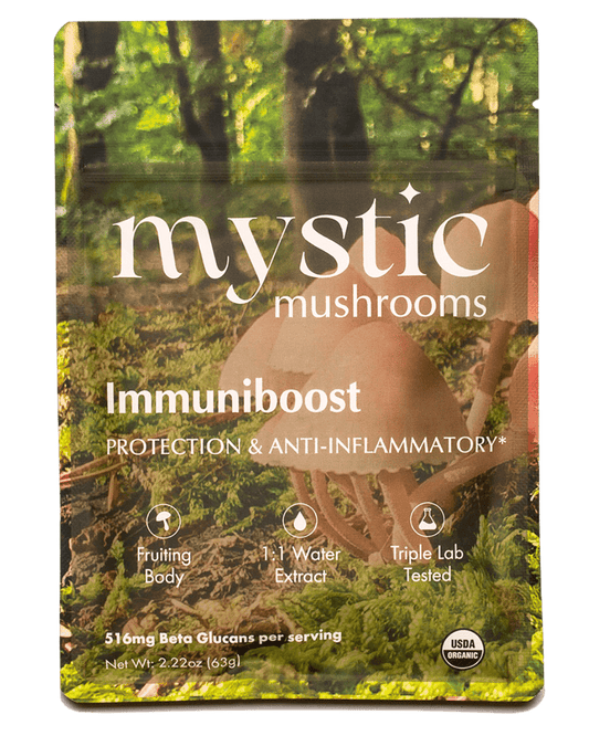 Ora Cacao ImmuniBoost mushroom extract pouch shown on a plain neutral background.