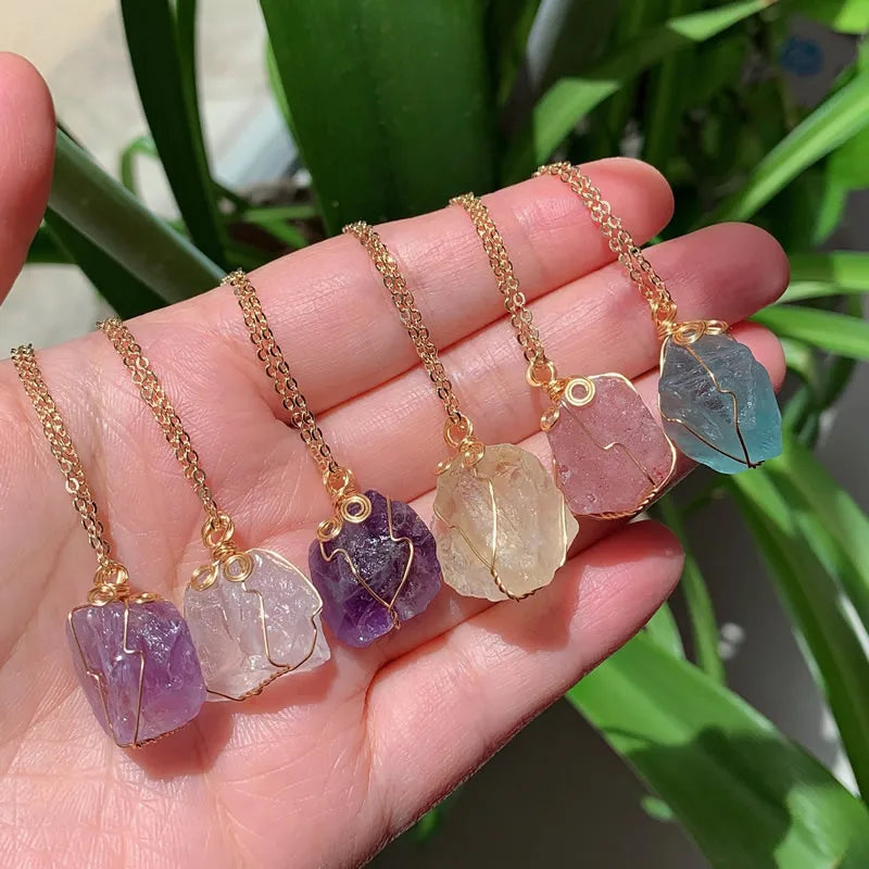 Raw Crystal Wire-Wrapped Necklace — Gold-Plated Chain, 22 Stones