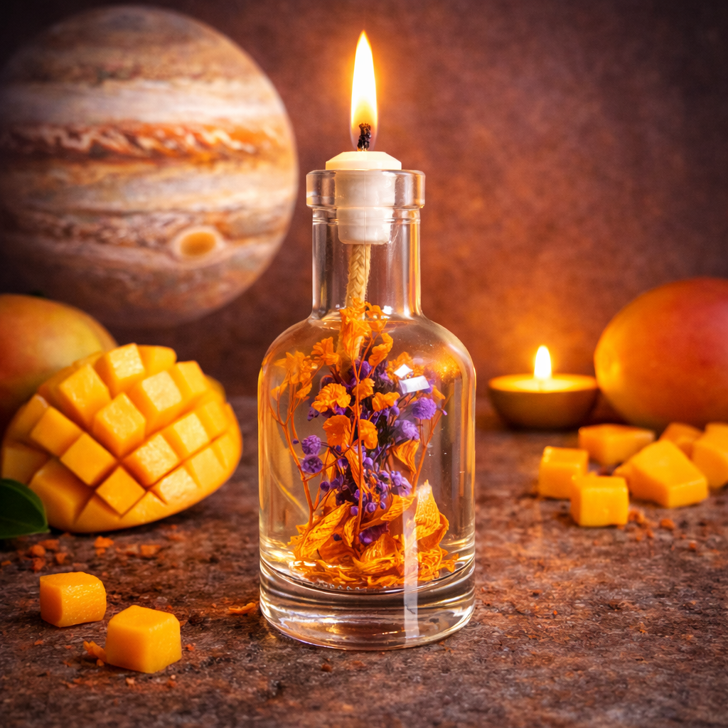 Lit Jupiter oil candle: a clear glass bottle of orange and purple dried flowers with a burning wick, against a large banded Jupiter backdrop with cubed and whole mango and a small flame