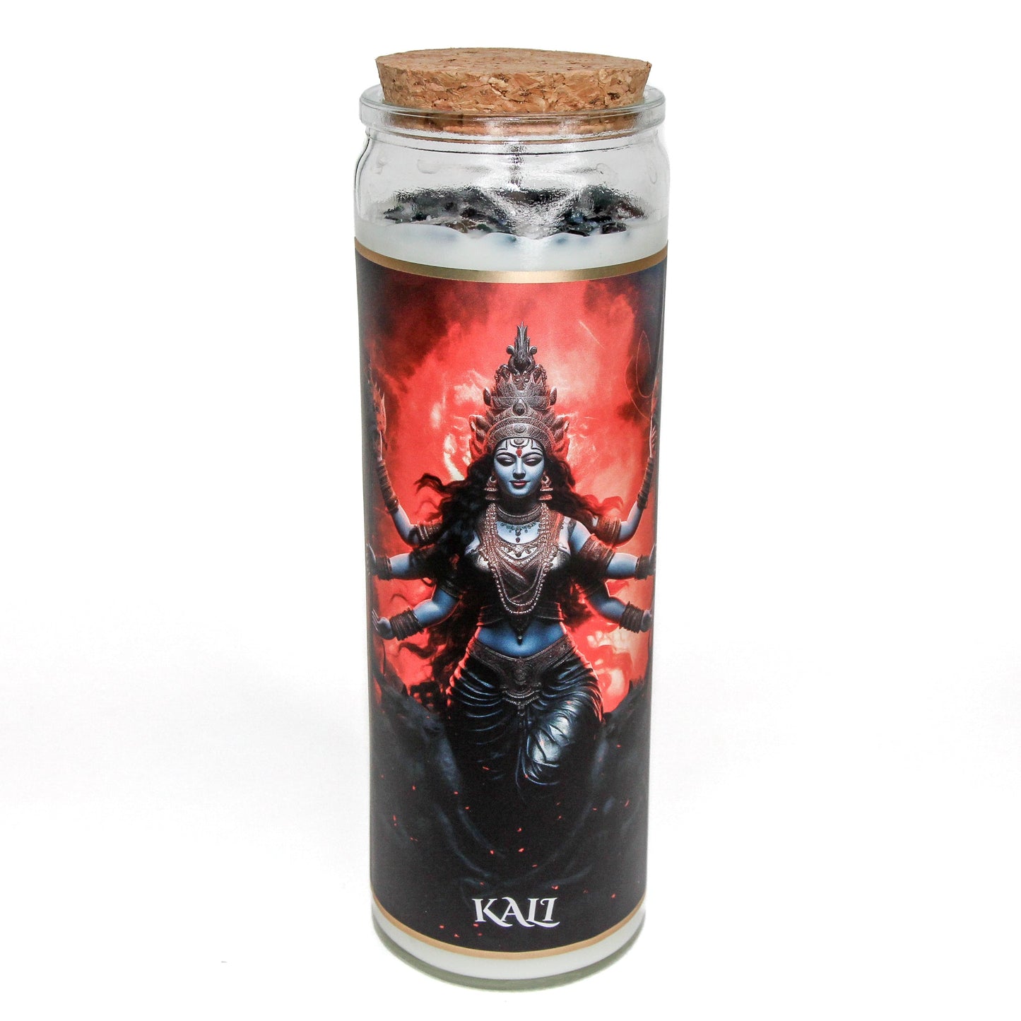 Kali crystal altar candle in a clear glass vessel, topped with crystals