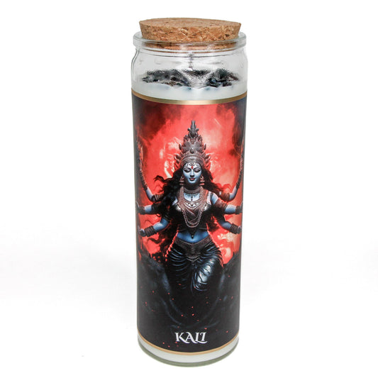 Kali crystal altar candle in a clear glass vessel, topped with crystals