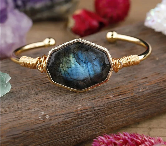 Open bangle cuff bracelet set with a large octagonal labradorite stone showing blue and green flash