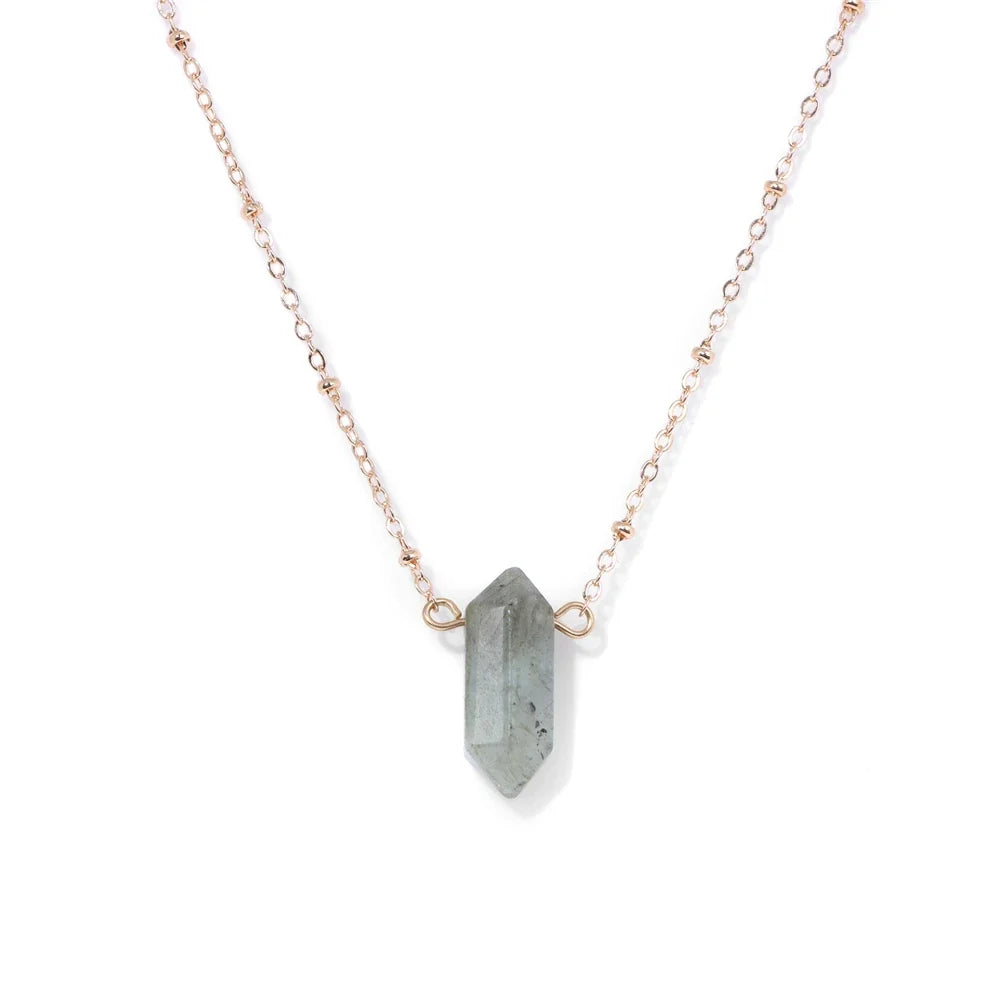 Hexagonal crystal column pendant in gold-plated setting on a fine chain — view 6 of 12