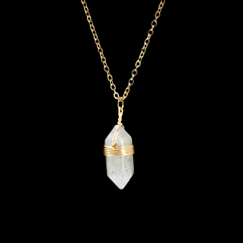 Wire-wrapped hexagonal crystal pendant in gold-plated copper on an adjustable chain — view 7 of 12