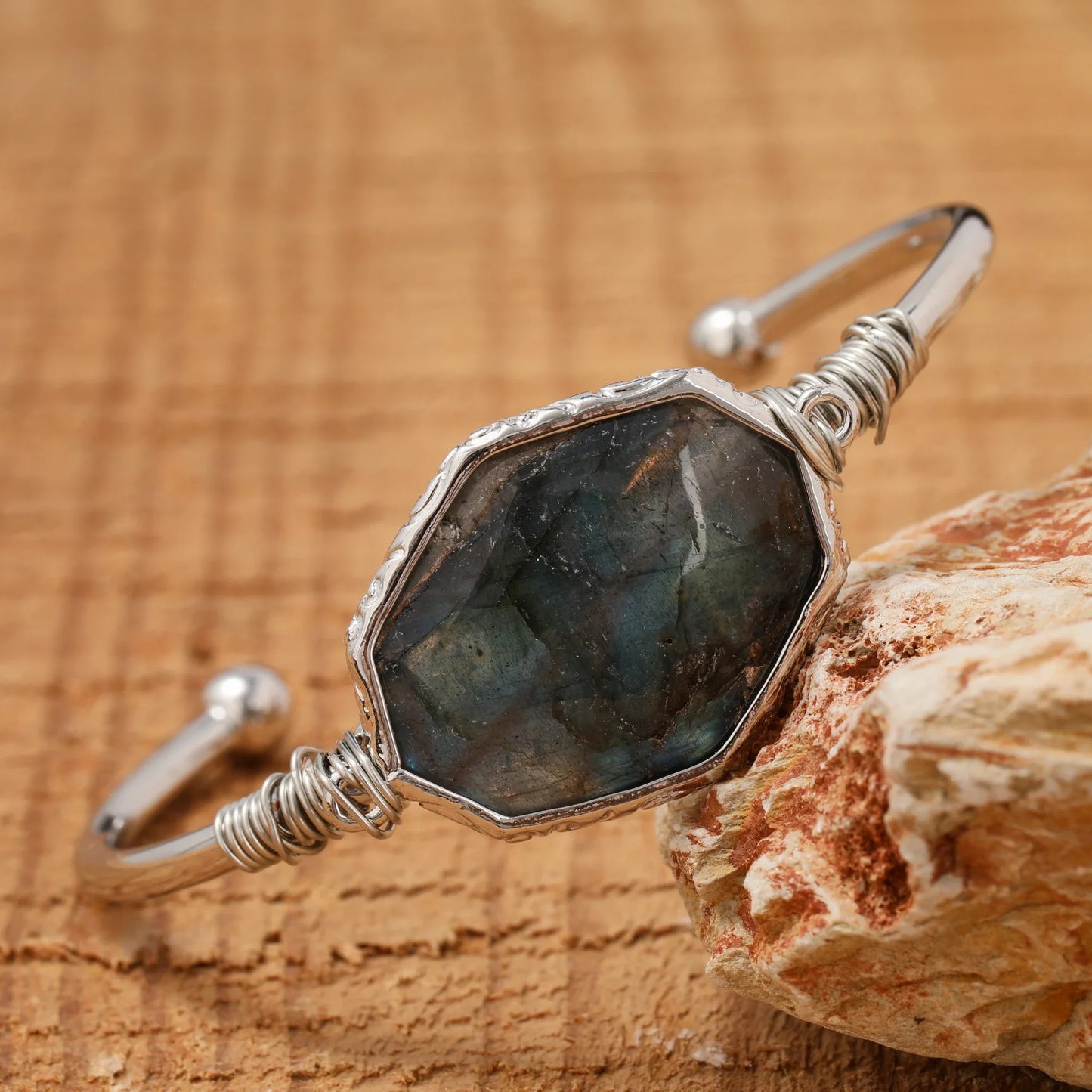 Labradorite Bangle Bracelet — Octagonal Flash Stone Cuff in Gold or Silver