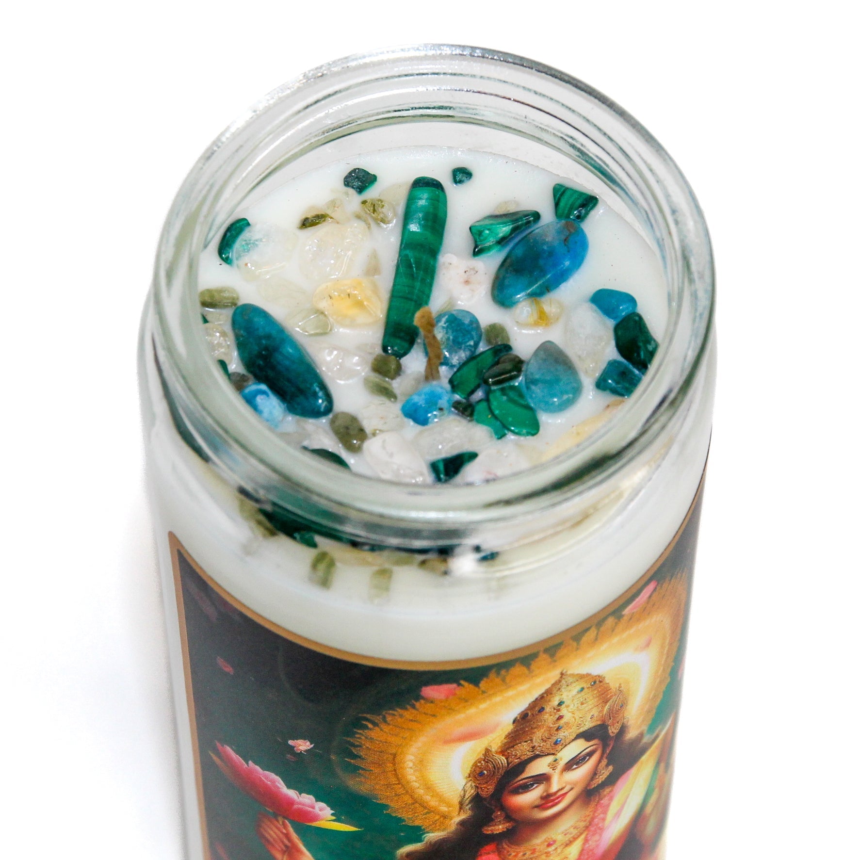 Lakshmi Crystal Altar Candle in a 16 oz glass tumbler with an image of the goddess Lakshmi on the label and golden crystals set into the wax — product photo 3