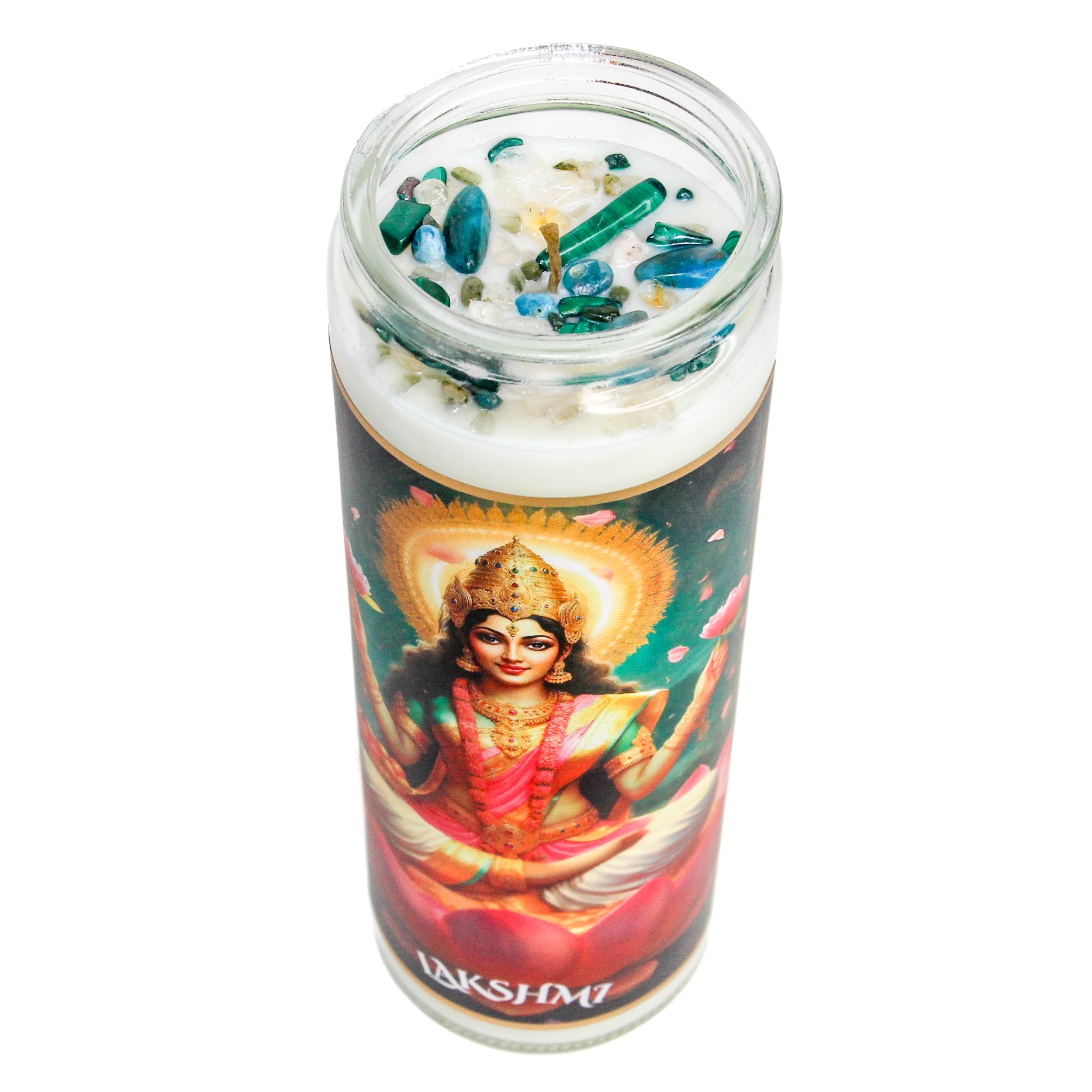 Lakshmi Crystal Altar Candle in a 16 oz glass tumbler with an image of the goddess Lakshmi on the label and golden crystals set into the wax — product photo 4
