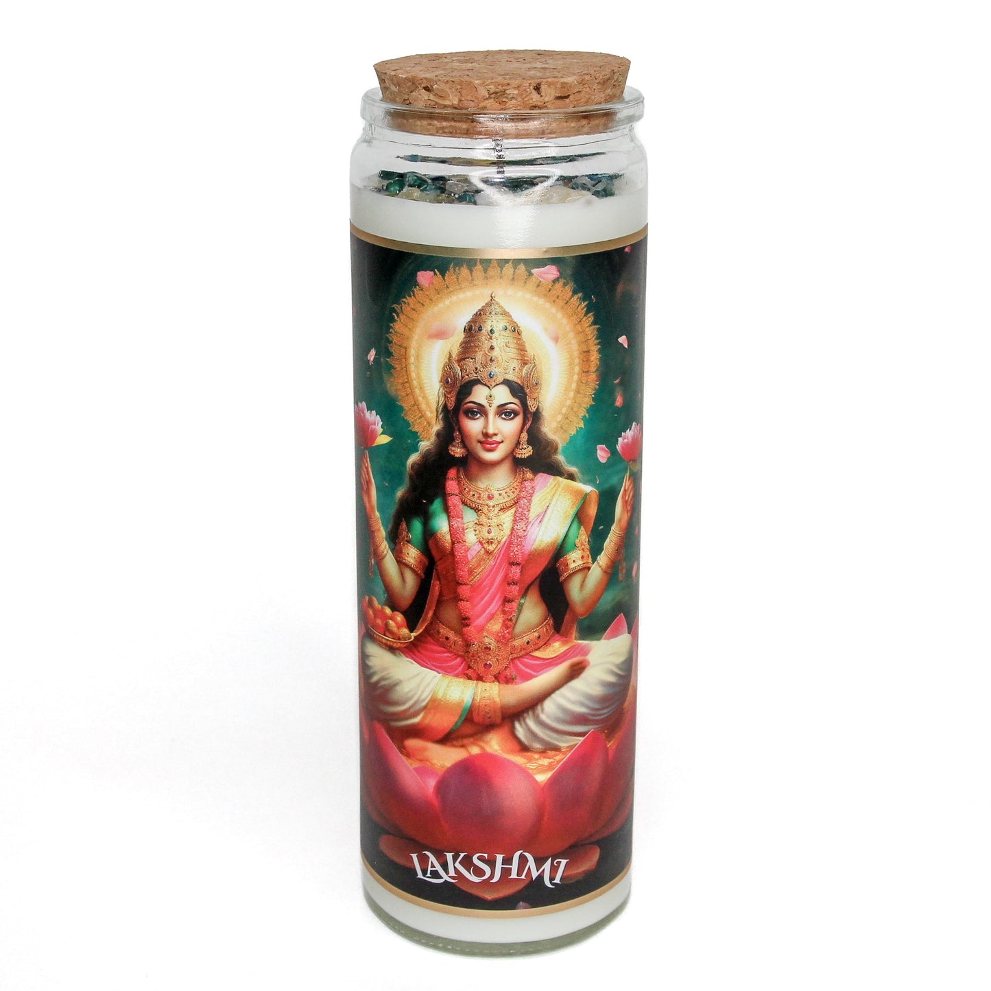 Lakshmi Crystal Altar Candle in a 16 oz glass tumbler with an image of the goddess Lakshmi on the label and golden crystals set into the wax