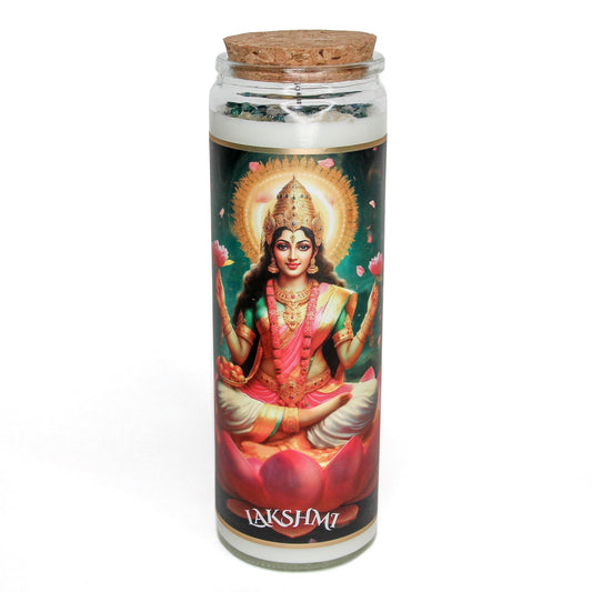 Lakshmi Crystal Altar Candle in a 16 oz glass tumbler with an image of the goddess Lakshmi on the label and golden crystals set into the wax