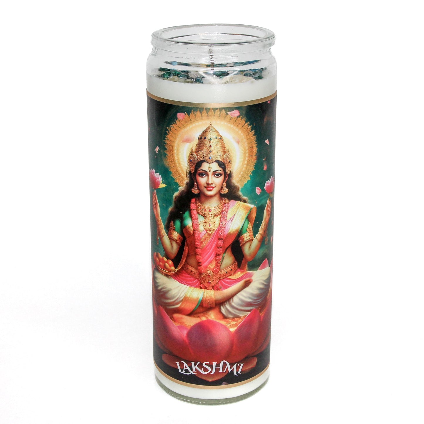 Lakshmi Crystal Altar Candle in a 16 oz glass tumbler with an image of the goddess Lakshmi on the label and golden crystals set into the wax — product photo 2