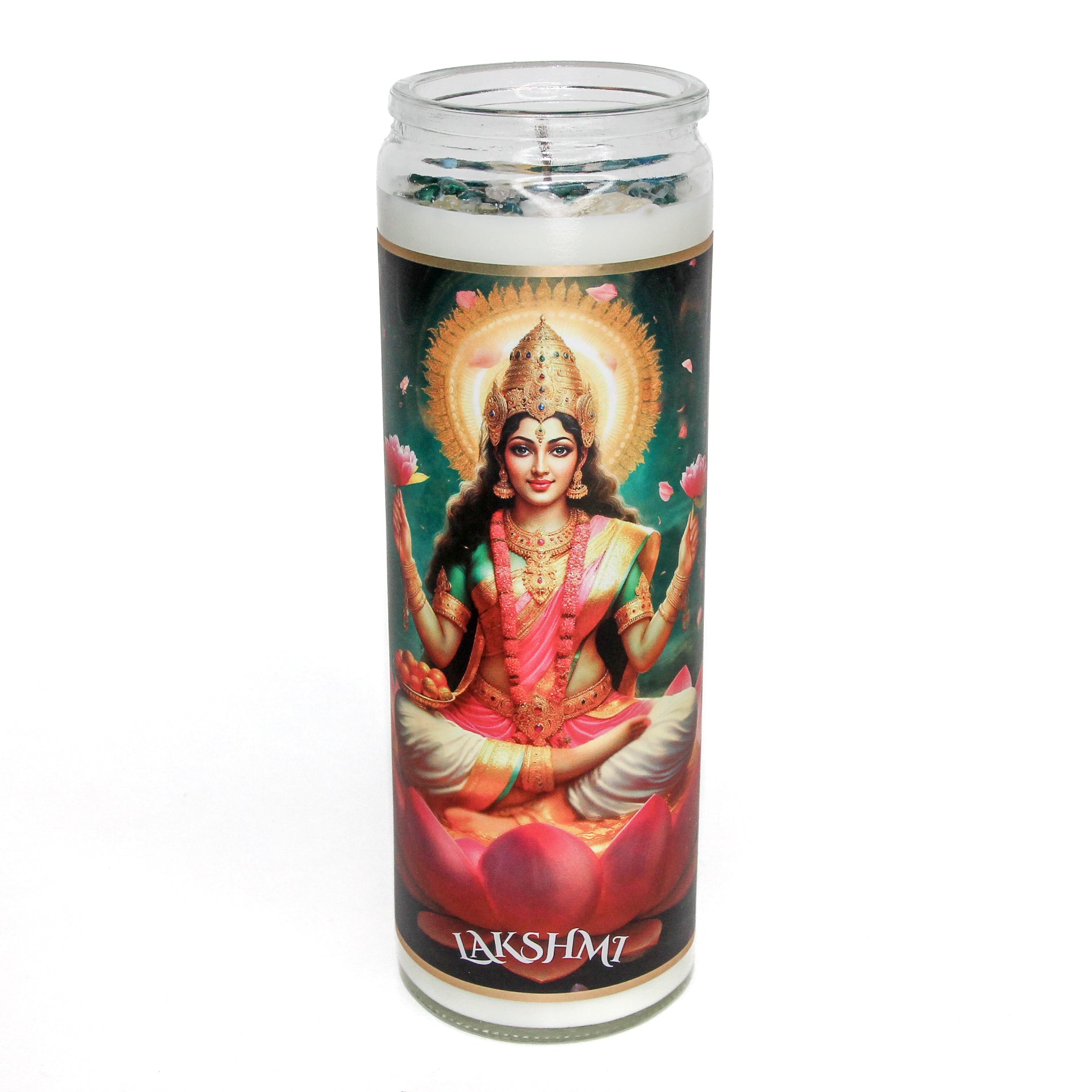 Lakshmi Crystal Altar Candle in a 16 oz glass tumbler with an image of the goddess Lakshmi on the label and golden crystals set into the wax — product photo 2
