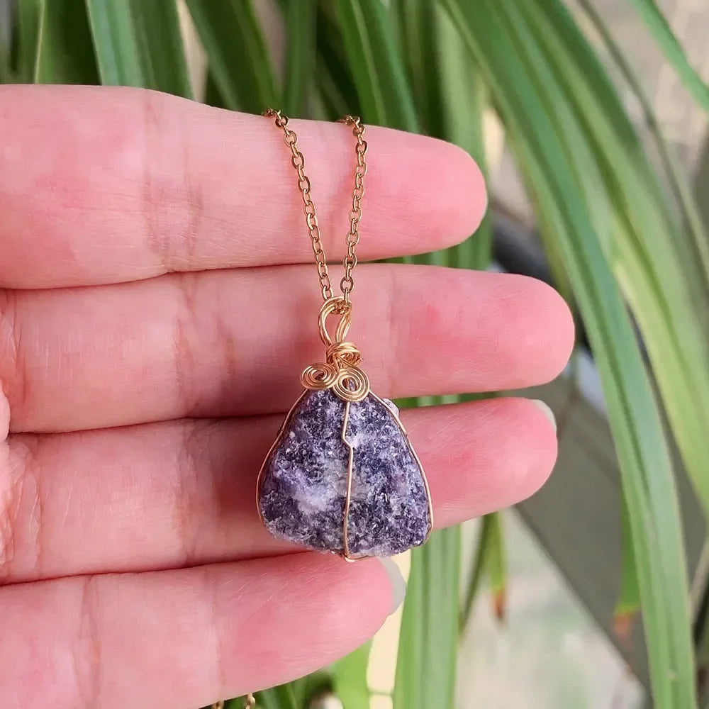 Raw wire-wrapped crystal pendant on a gold-plated stainless steel link chain — view 18 of 20