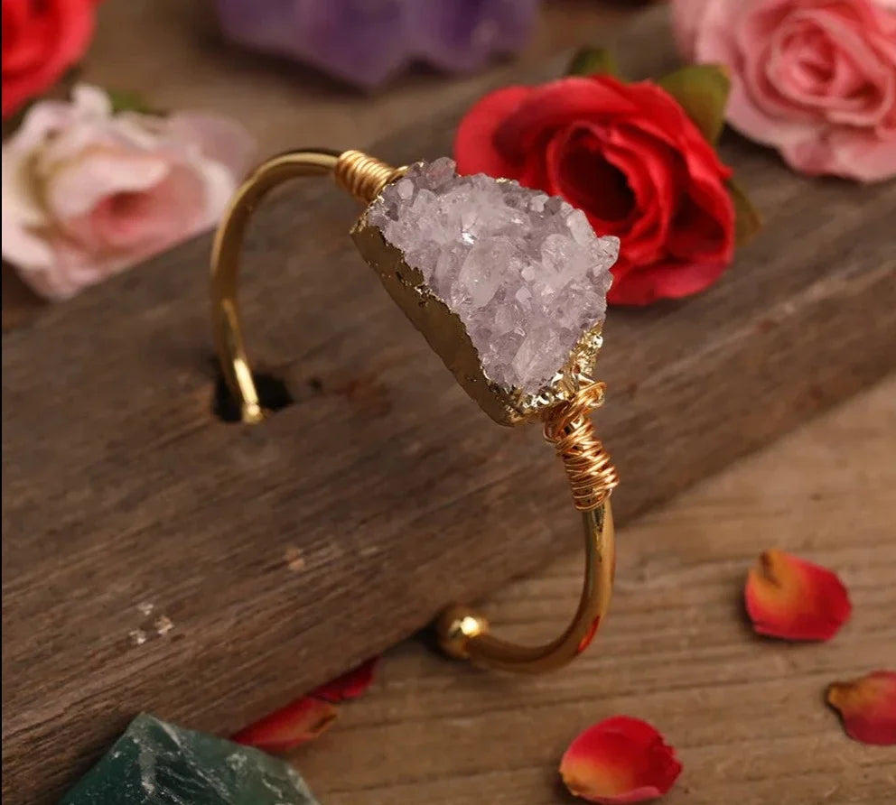 Open cuff bracelet set with an irregular raw amethyst druzy crystal — view 8 of 12