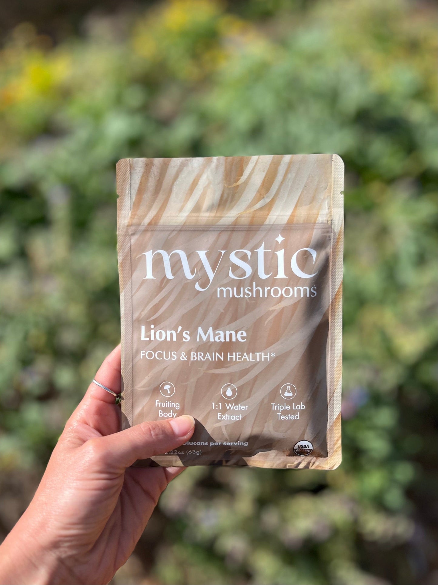 Ora Cacao Lion's Mane mushroom extract pouch displayed in a calm, styled interior setting.