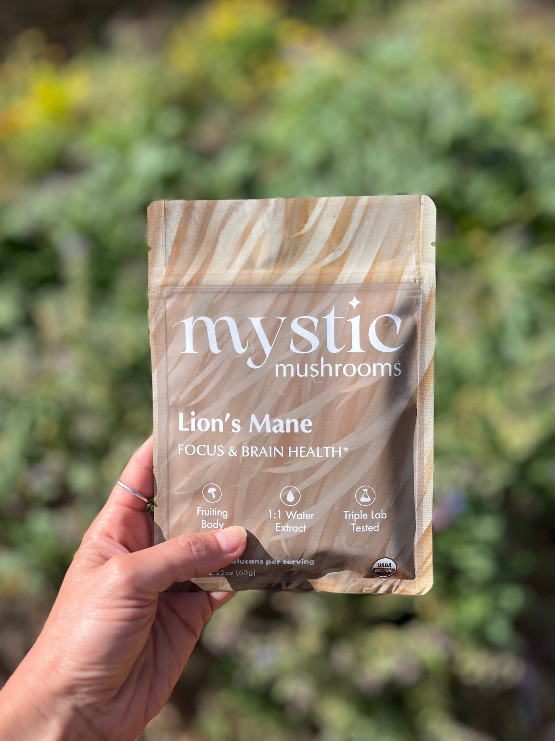 Ora Cacao Lion's Mane mushroom extract pouch displayed in a calm, styled interior setting.