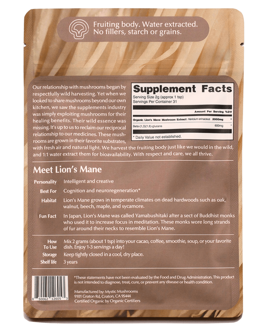 Ora Cacao Lion's Mane mushroom extract pouch shown in a warm, softly lit styled scene.