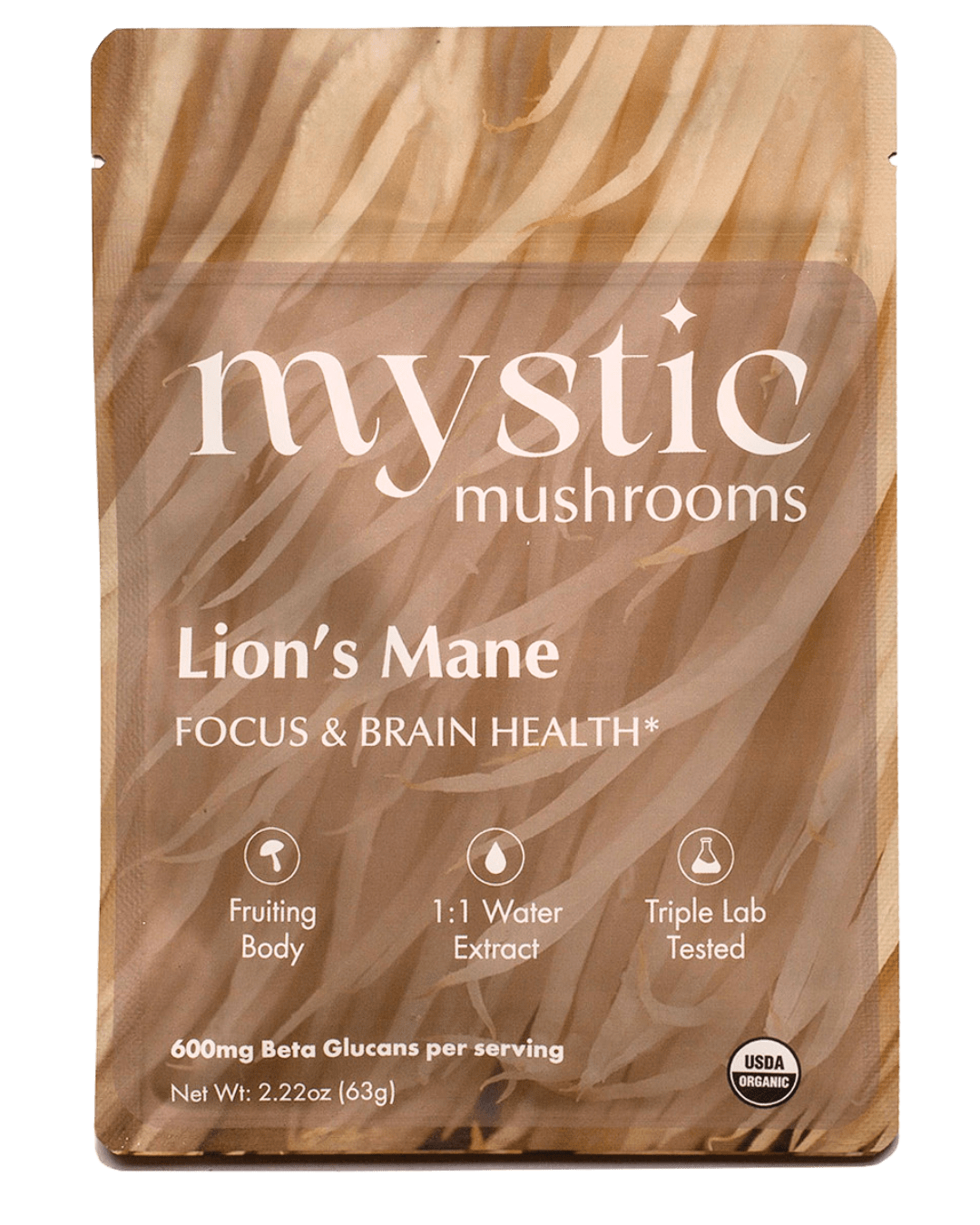 Ora Cacao Lion's Mane mushroom extract pouch shown on a plain neutral background.