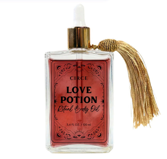 Love Potion ritual body oil in a classic apothecary-style glass bottle, front view