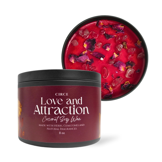 Love and Attraction ritual candle in an 8 oz jar with rose petals and strawberry quartz