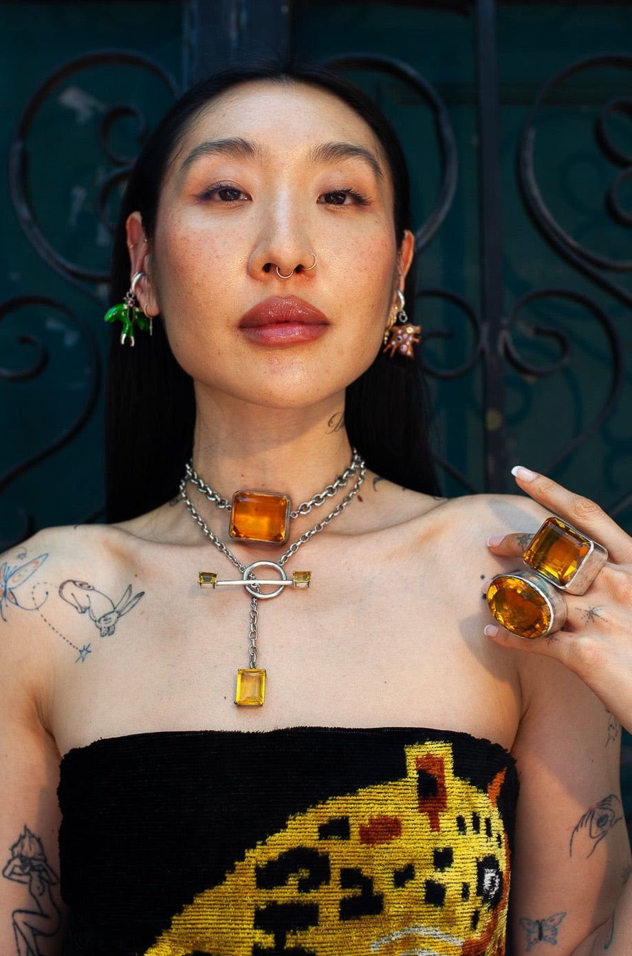 Square Goliath Choker in Golden — a large square golden yellow glass stone suspended from a heavy oxidized silver chain — view 3