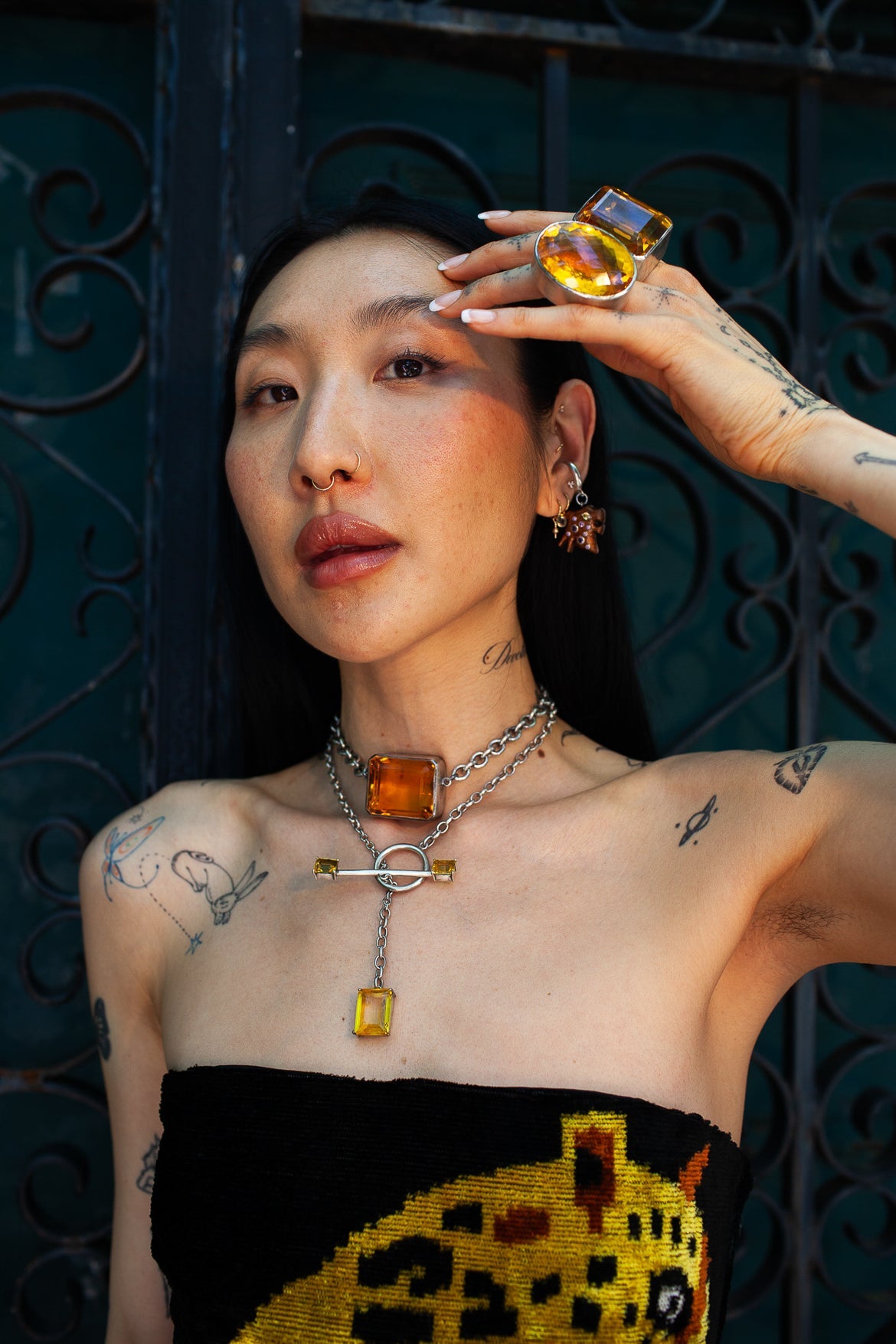 Gem Drop Toggle Necklace in Golden — long oxidized silver chain with front toggle closure and a faceted golden yellow glass drop — view 4