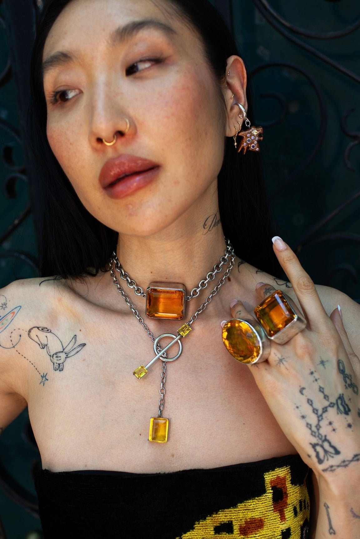 Gem Drop Toggle Necklace in Golden — long oxidized silver chain with front toggle closure and a faceted golden yellow glass drop — view 3