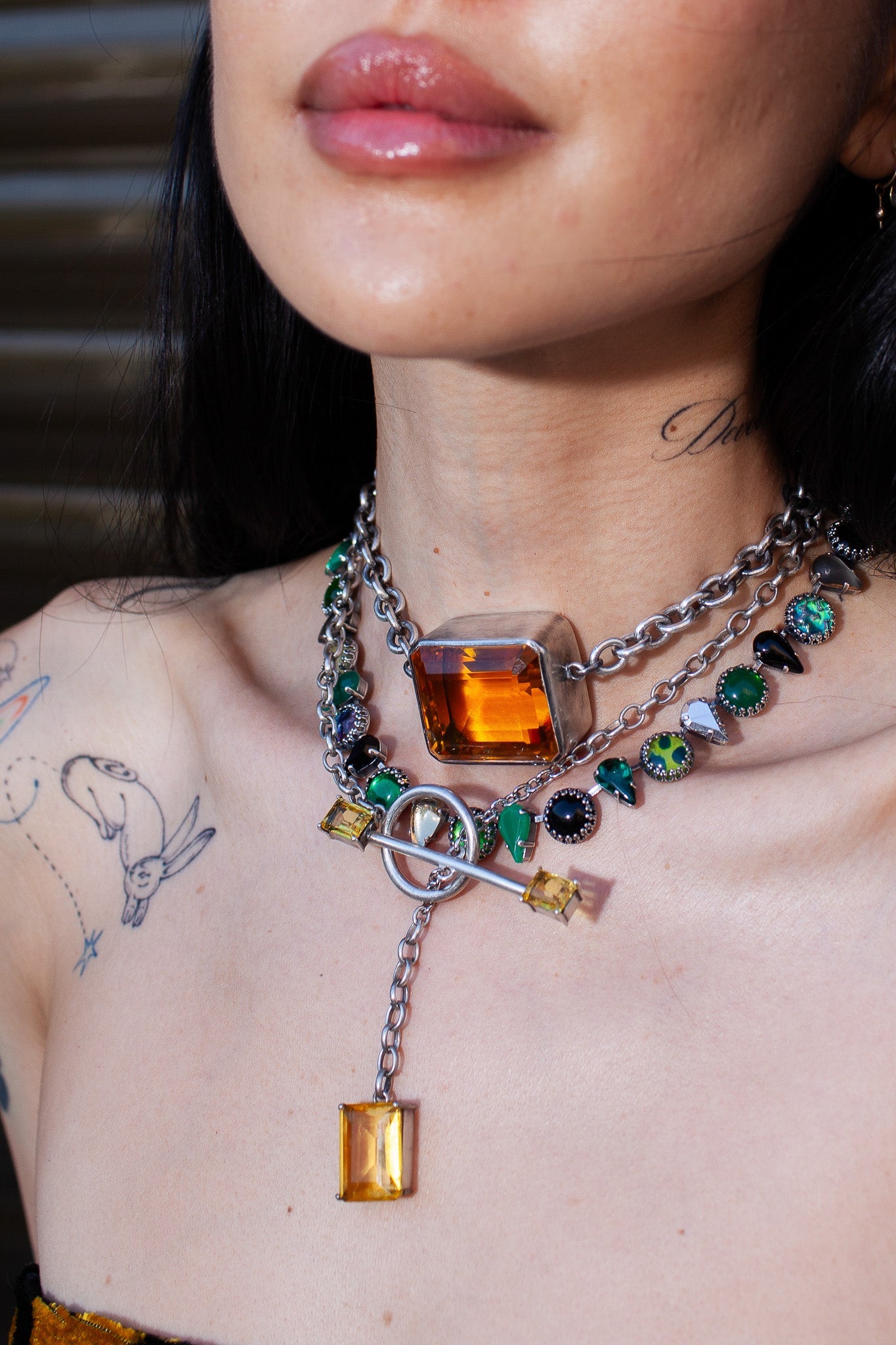 Gem Drop Toggle Necklace in Golden — long oxidized silver chain with front toggle closure and a faceted golden yellow glass drop — view 2