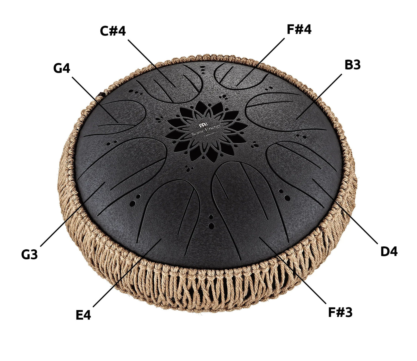 Black 10-inch steel tongue drum presented in a calm, naturally lit setting.