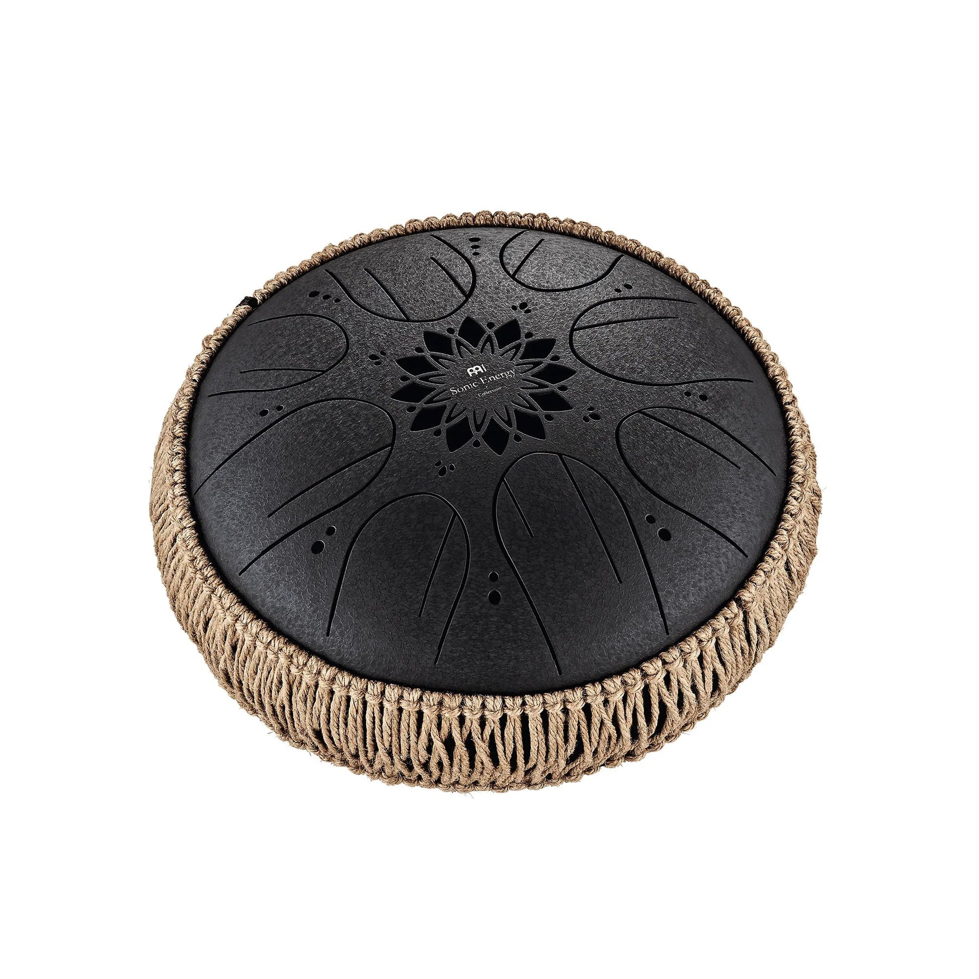 Black 10-inch steel tongue drum shown on a plain neutral background.