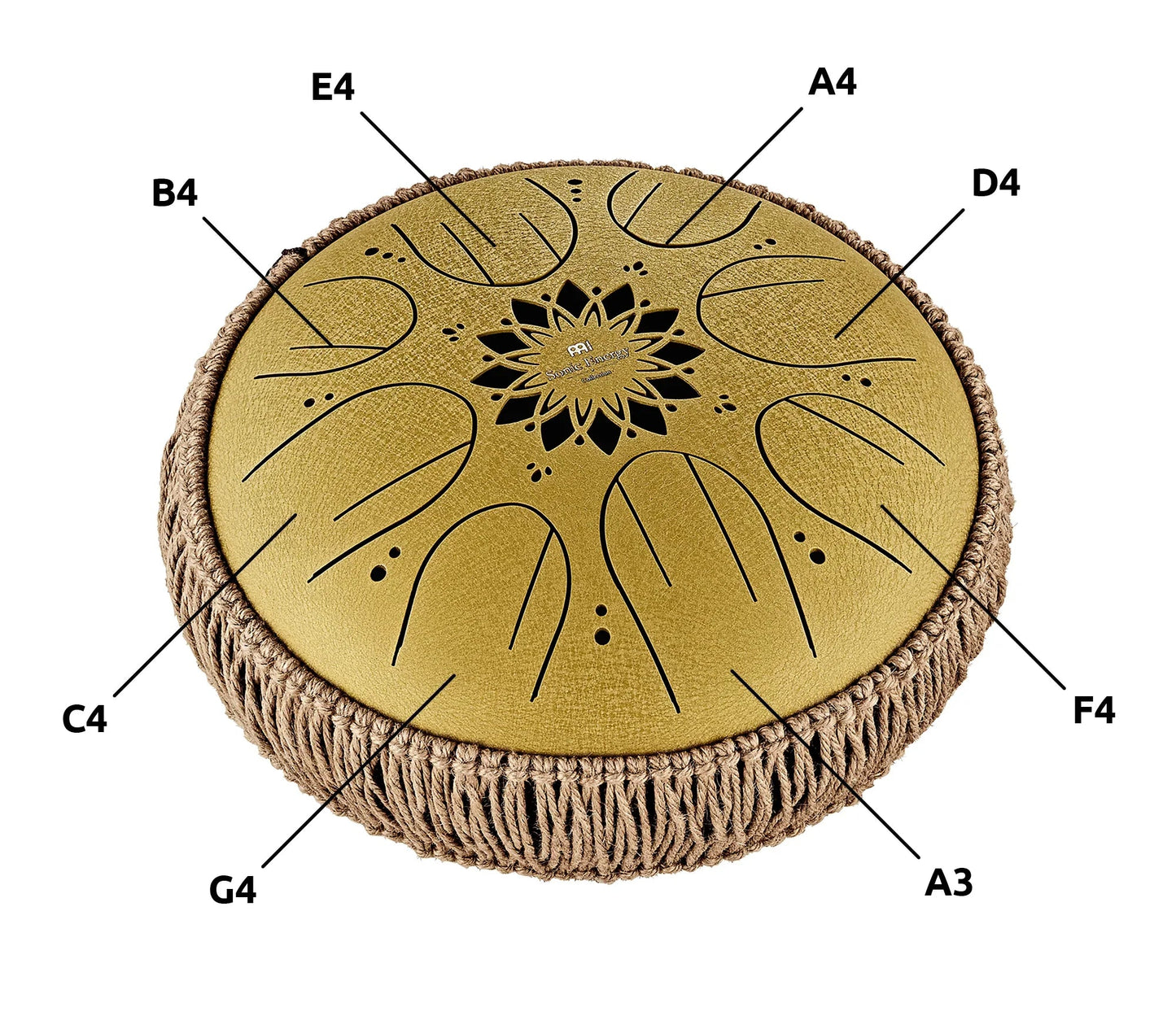 10-inch gold steel tongue drum in C major with eight notes and wooden mallets — view 11 of 11
