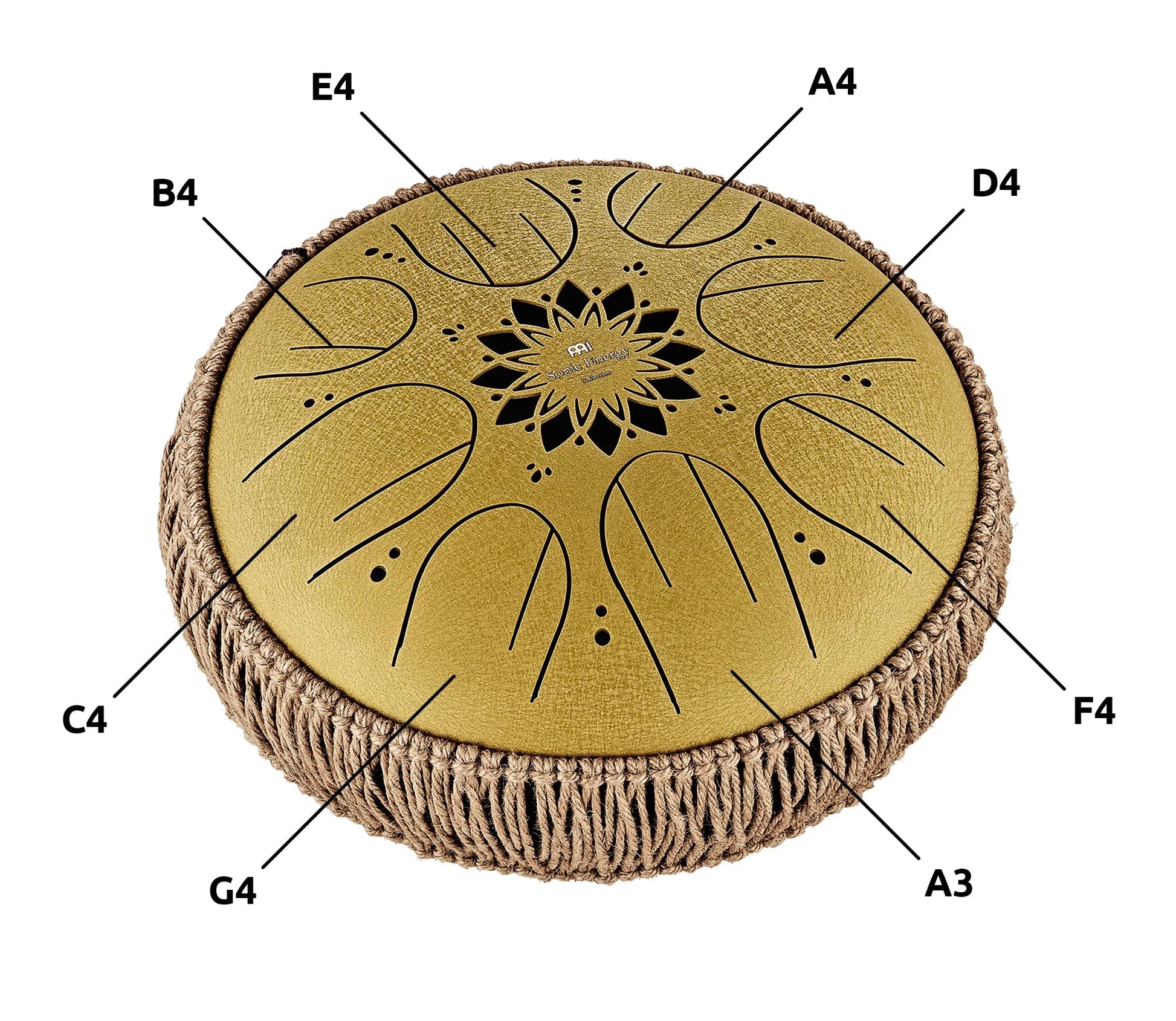 10-inch gold steel tongue drum in C major with eight notes and wooden mallets — view 11 of 11