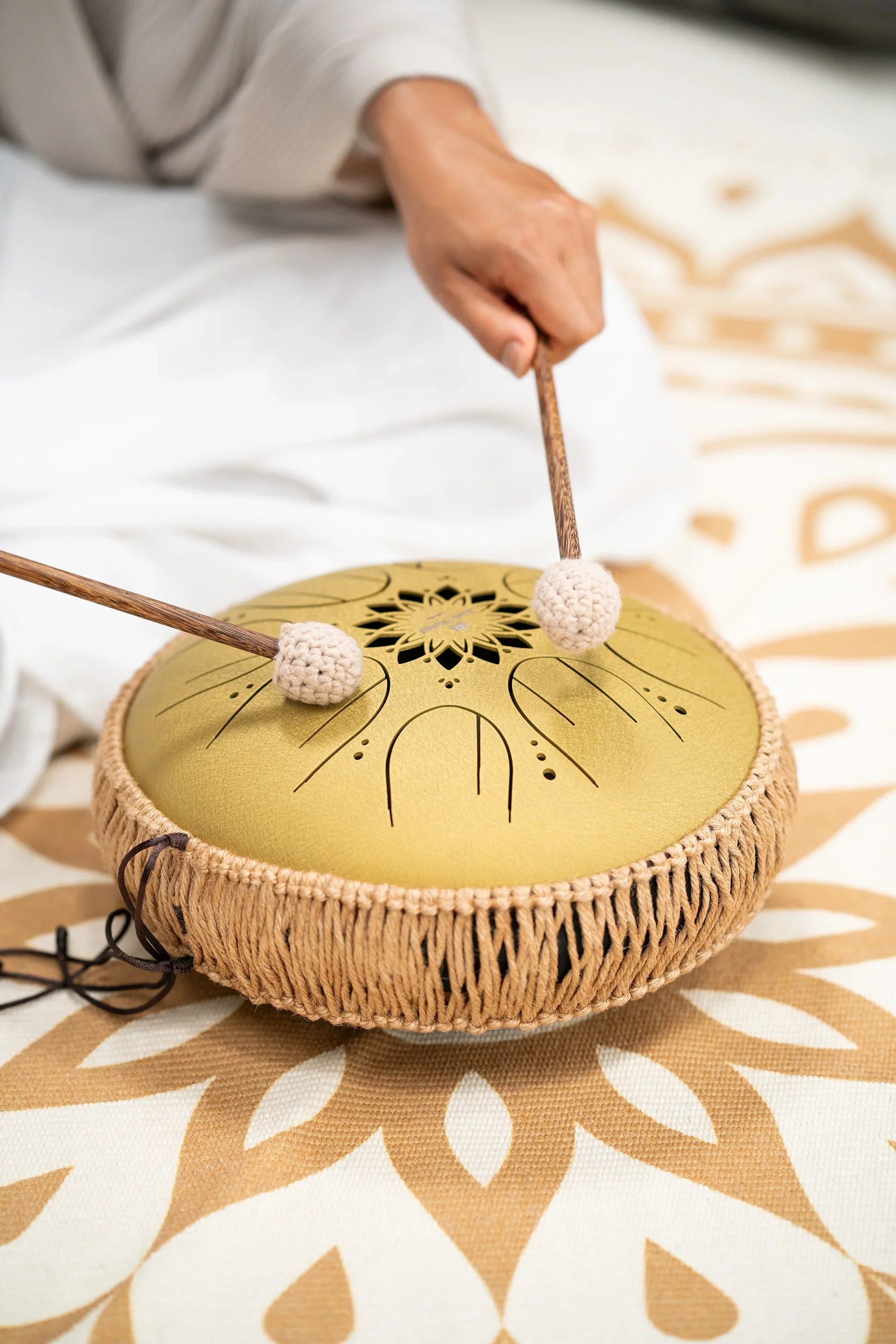 10-inch gold steel tongue drum in C major with eight notes and wooden mallets — view 2 of 11