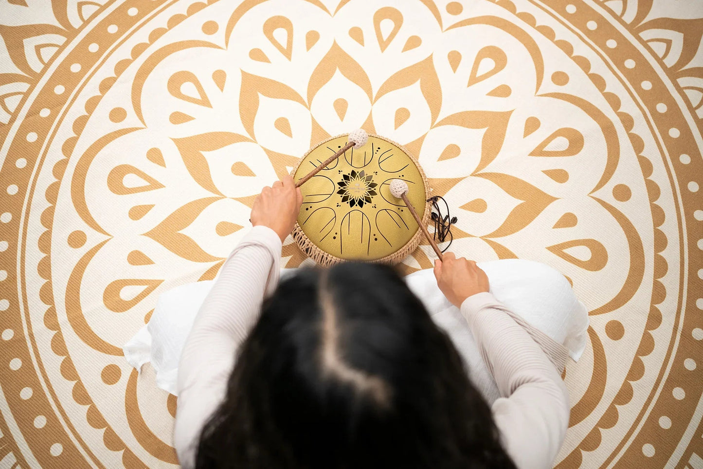 10-inch gold steel tongue drum in C major with eight notes and wooden mallets — view 5 of 11