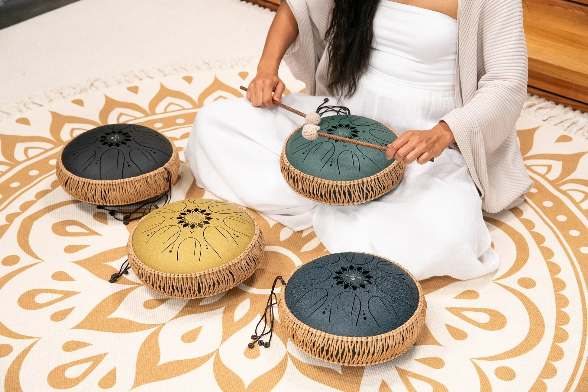 10-inch gold steel tongue drum in C major with eight notes and wooden mallets — view 6 of 11