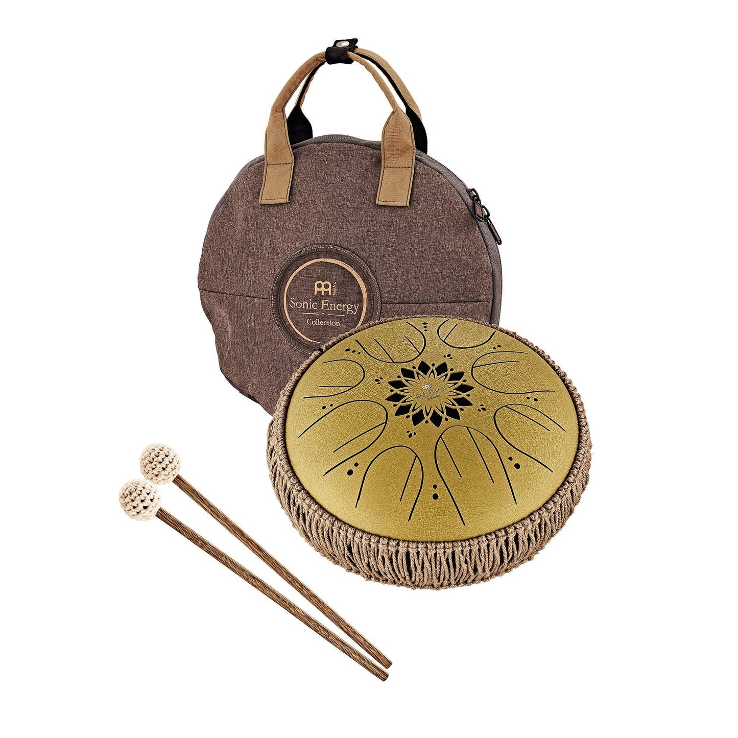 10-inch gold steel tongue drum in C major with eight notes and wooden mallets — view 9 of 11