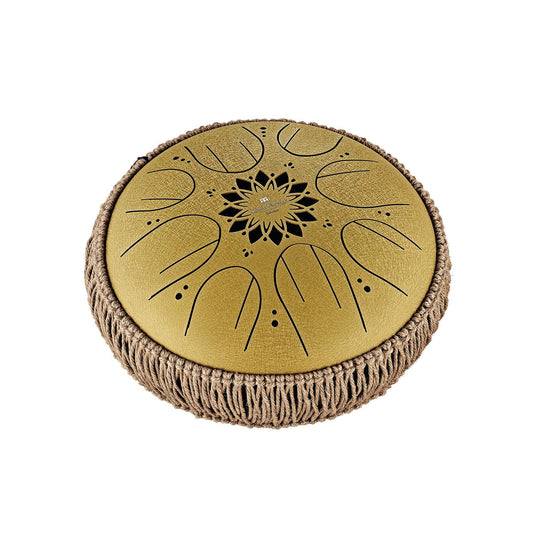 10-inch gold steel tongue drum in C major with eight notes and wooden mallets — view 1 of 11