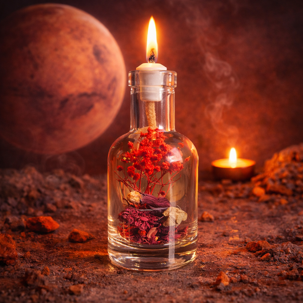Lit Mars oil candle: a clear glass bottle of red dried flowers with a burning wick, against a deep red Mars planet backdrop over rust-colored desert ground