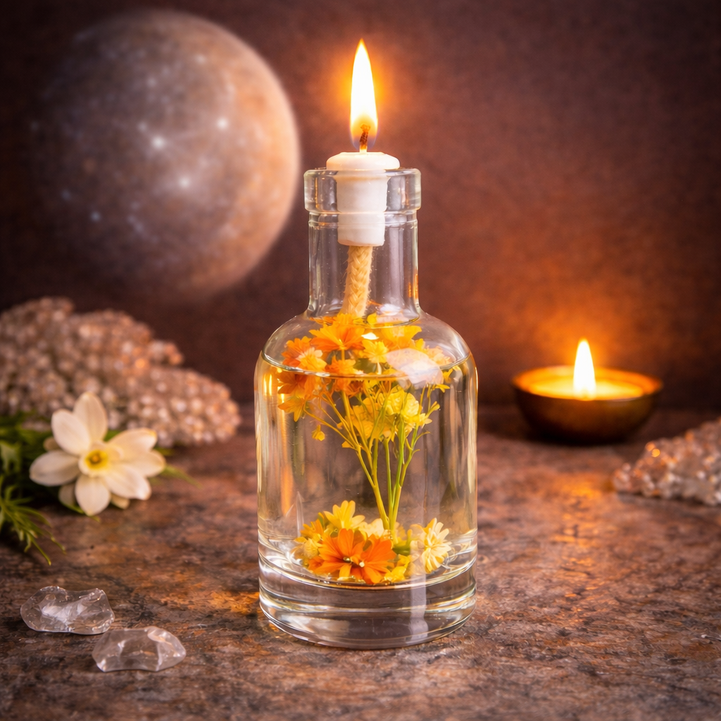 Lit Mercury oil candle: a clear glass bottle of yellow and orange dried flowers with a burning wick, against a gray planet backdrop with white blossom and a small oil lamp