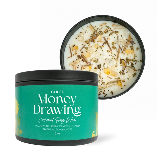 Money Drawing prosperity ritual candle in an 8 oz glass jar with citrine and herbs