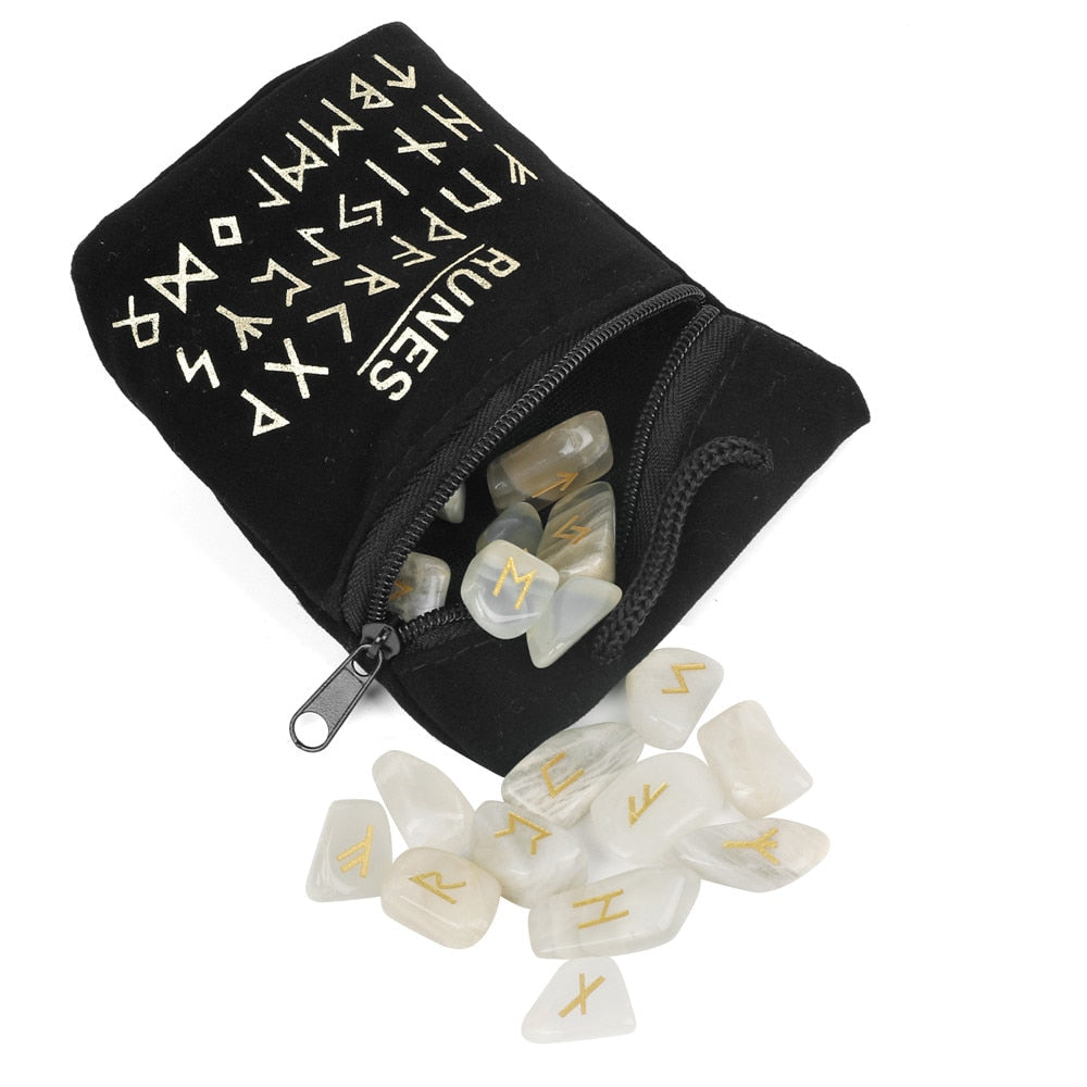 Crystal Rune Set — 25 Carved Stone Runes with Velvet Bag