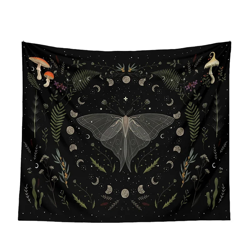 Black moon phase tapestry with lunar cycle print hanging on a wall — view 4 of 6
